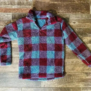 Eddie Bauer Women Plush Sherpa Quarter Zip Mock Neck Pullover Small Red/Blue